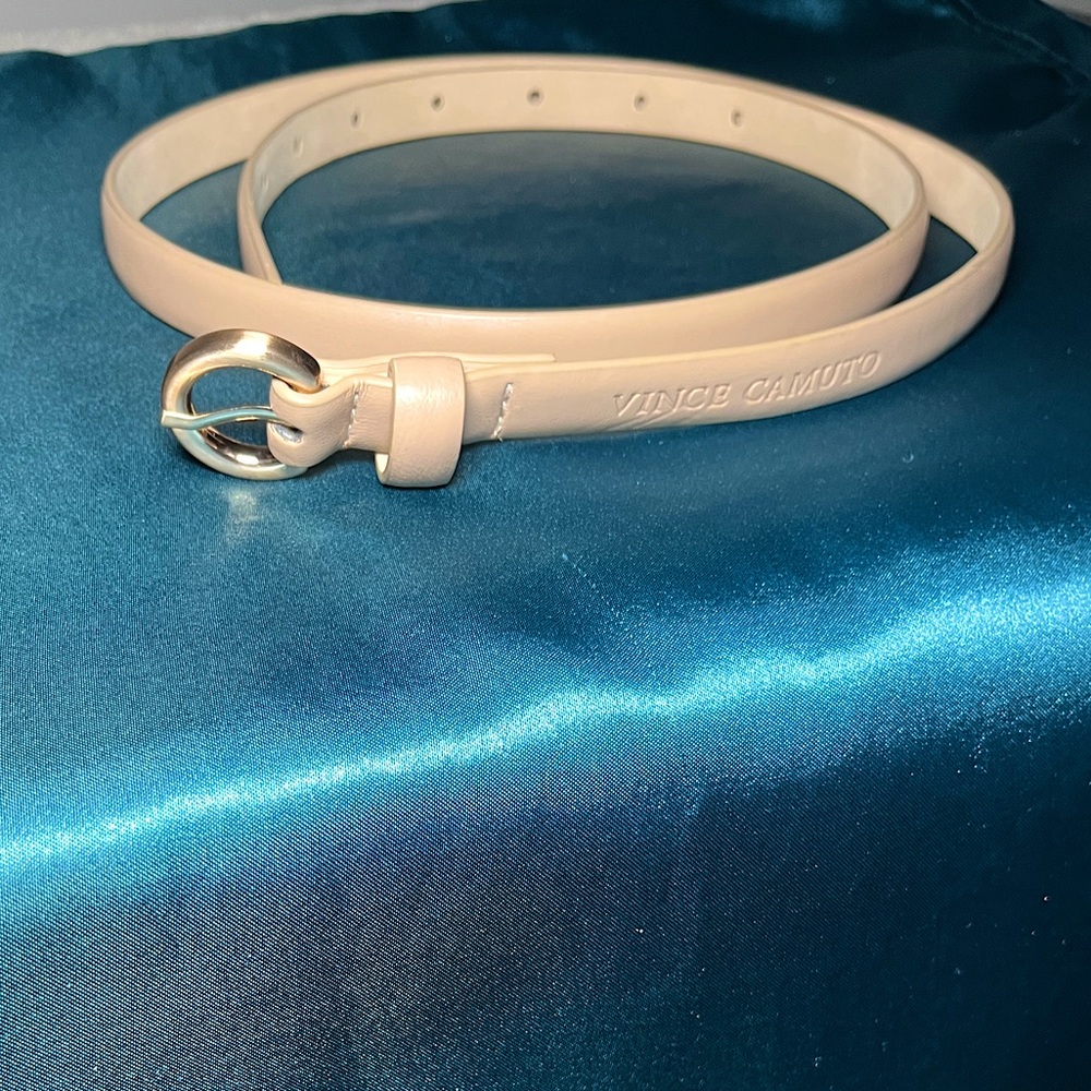 Vince Camuto Cream Classic Belt with Gold Buckle